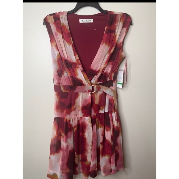 Taylor Dresses & Skirts - Taylor Burgundy Pink Watercolor Floral Chiffon V-Neck Belted Dress